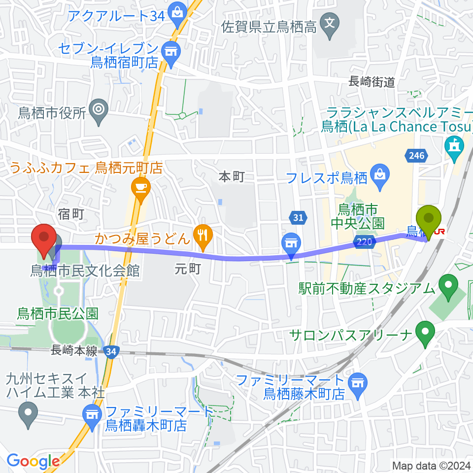 鳥栖駅から鳥栖市民文化会館へのルートマップ地図