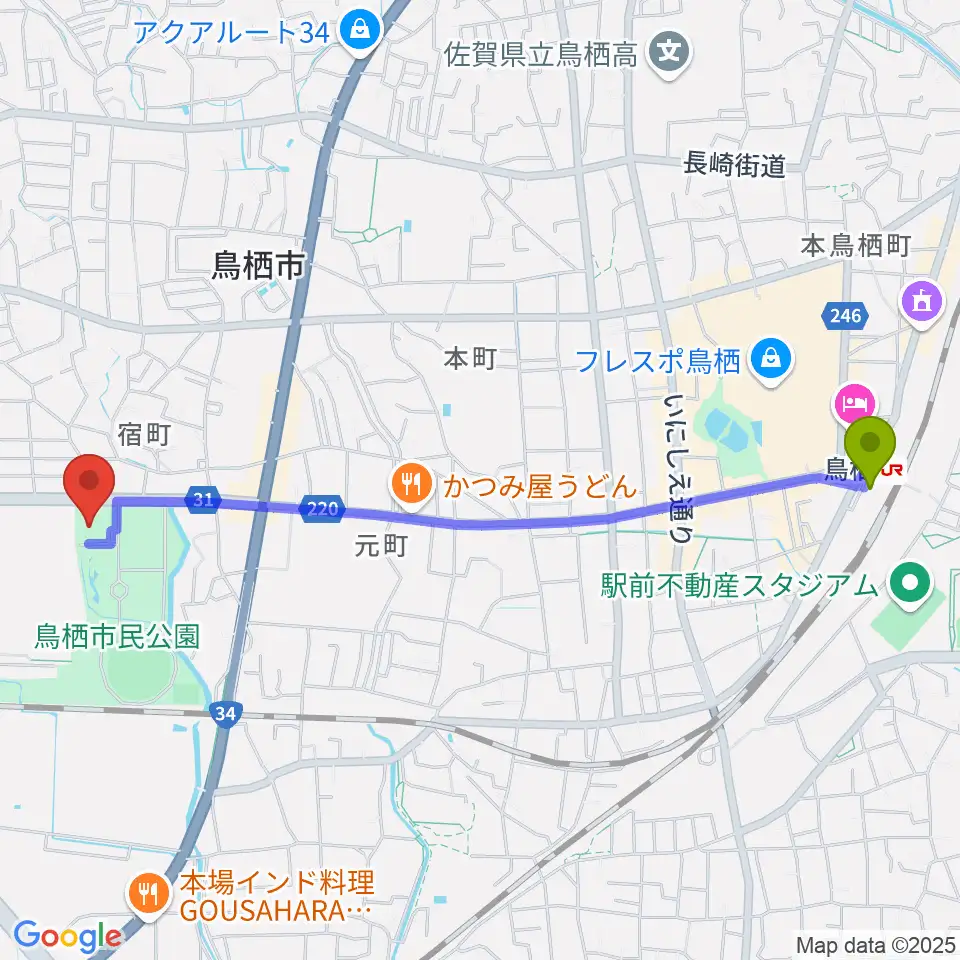 鳥栖駅から鳥栖市民文化会館へのルートマップ地図