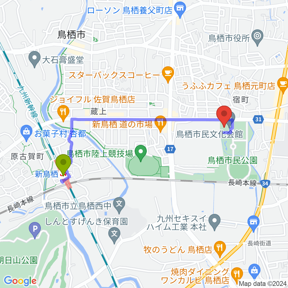 鳥栖市民文化会館の最寄駅新鳥栖駅からの徒歩ルート（約19分）地図