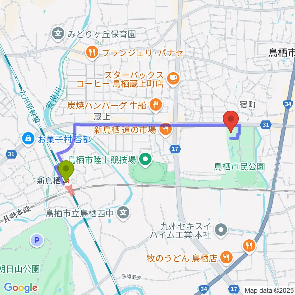 鳥栖市民文化会館の最寄駅新鳥栖駅からの徒歩ルート（約19分）地図