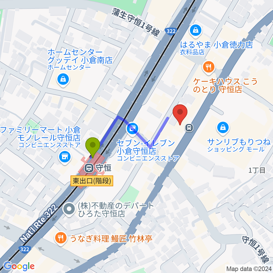 Ongaku Goyaの最寄駅守恒駅からの徒歩ルート（約3分）地図