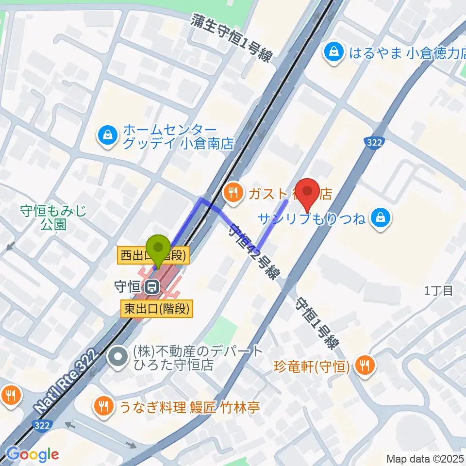 Ongaku Goyaの最寄駅守恒駅からの徒歩ルート（約3分）地図