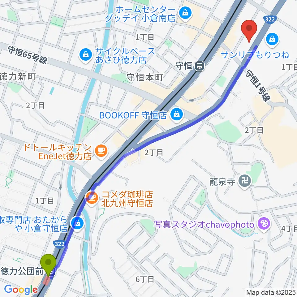 徳力公団前駅からOngaku Goyaへのルートマップ地図