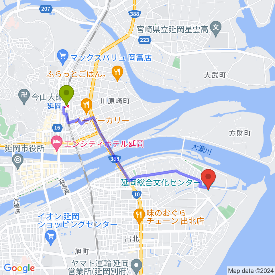 延岡総合文化センターの最寄駅延岡駅からの徒歩ルート（約39分）地図