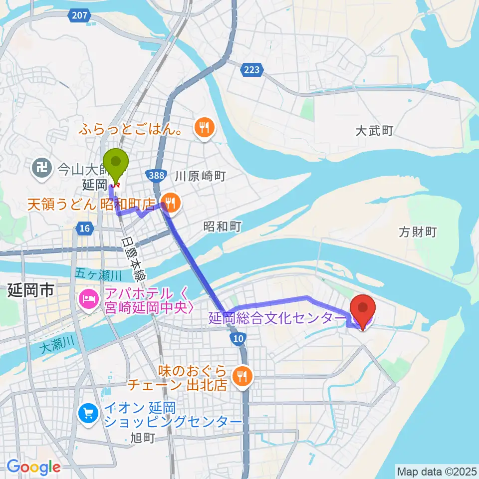 延岡総合文化センターの最寄駅延岡駅からの徒歩ルート（約39分）地図