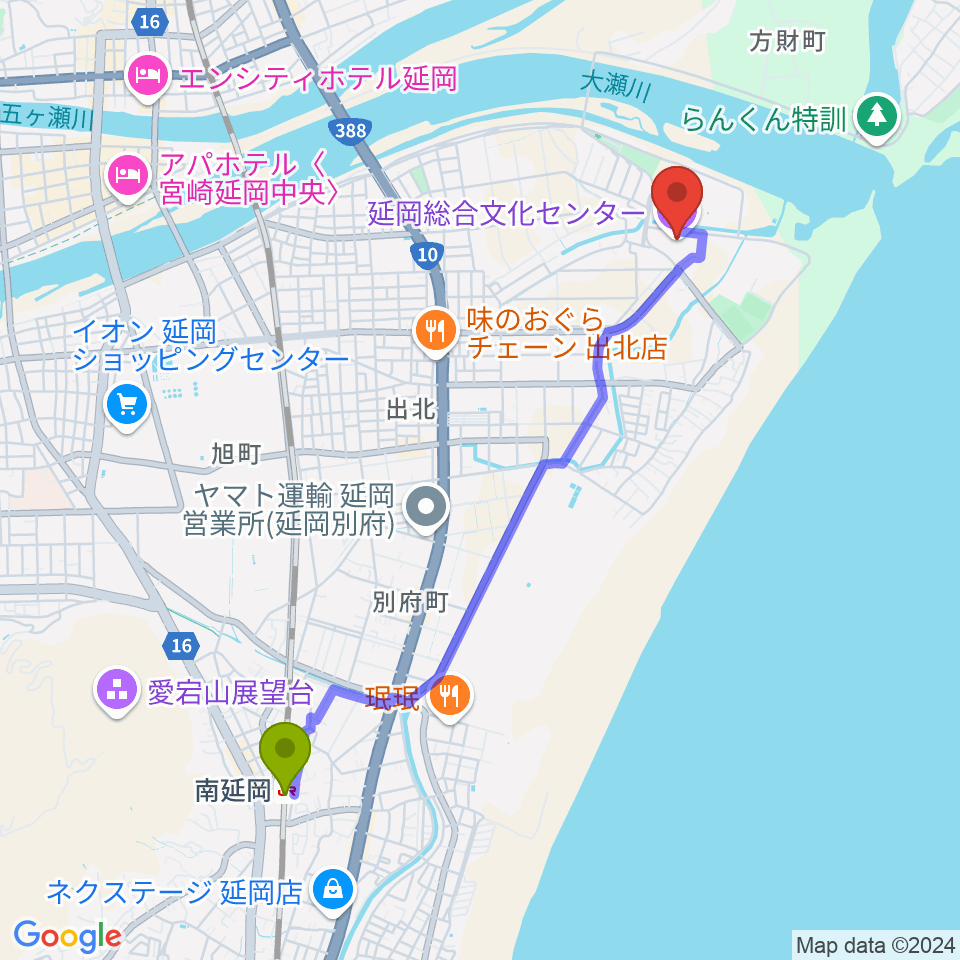 南延岡駅から延岡総合文化センターへのルートマップ地図