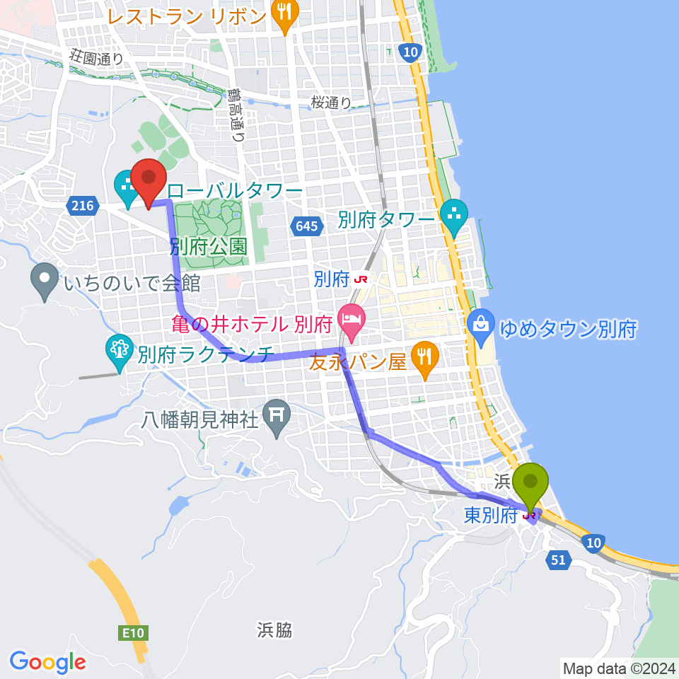東別府駅から別府ビーコンプラザ・フィルハーモニアホールへのルートマップ地図