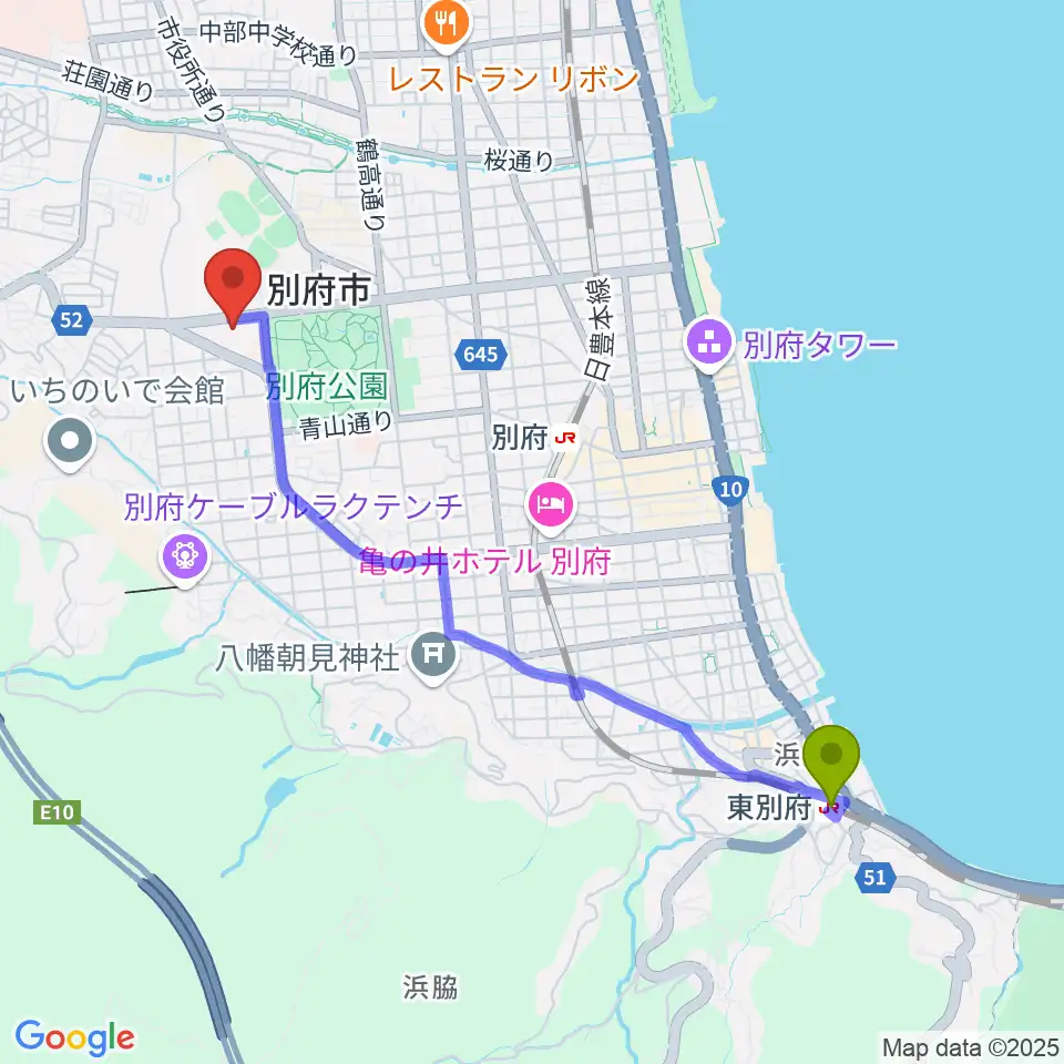 東別府駅から別府ビーコンプラザ・フィルハーモニアホールへのルートマップ地図