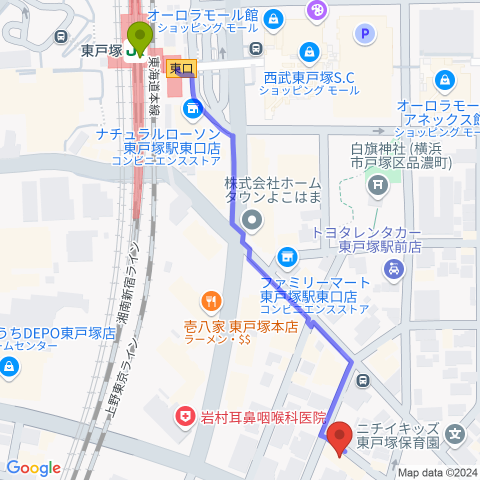 西本ギター教室の最寄駅東戸塚駅からの徒歩ルート（約7分）地図