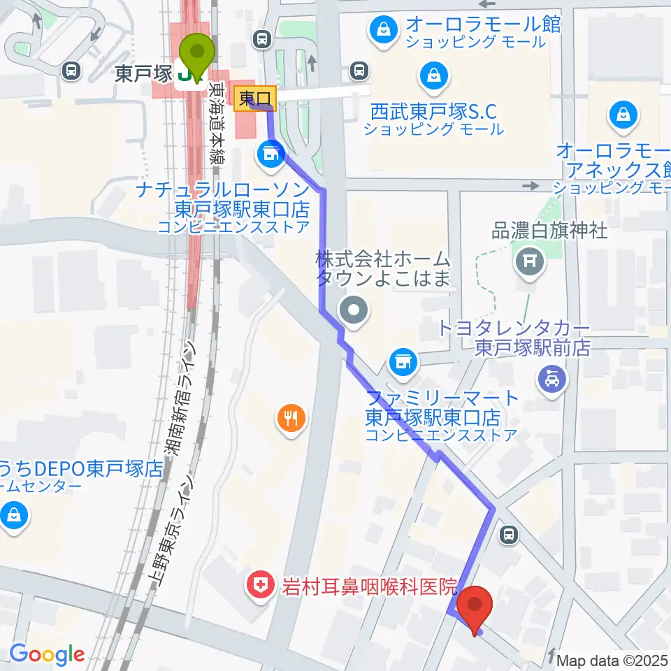 西本ギター教室の最寄駅東戸塚駅からの徒歩ルート（約7分）地図