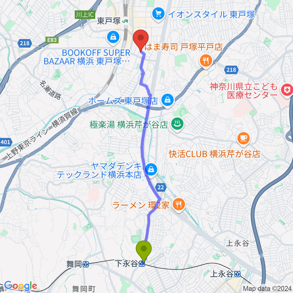 下永谷駅から西本ギター教室へのルートマップ地図