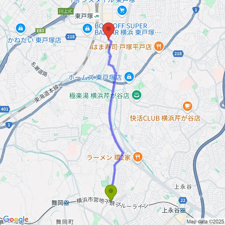 下永谷駅から西本ギター教室へのルートマップ地図