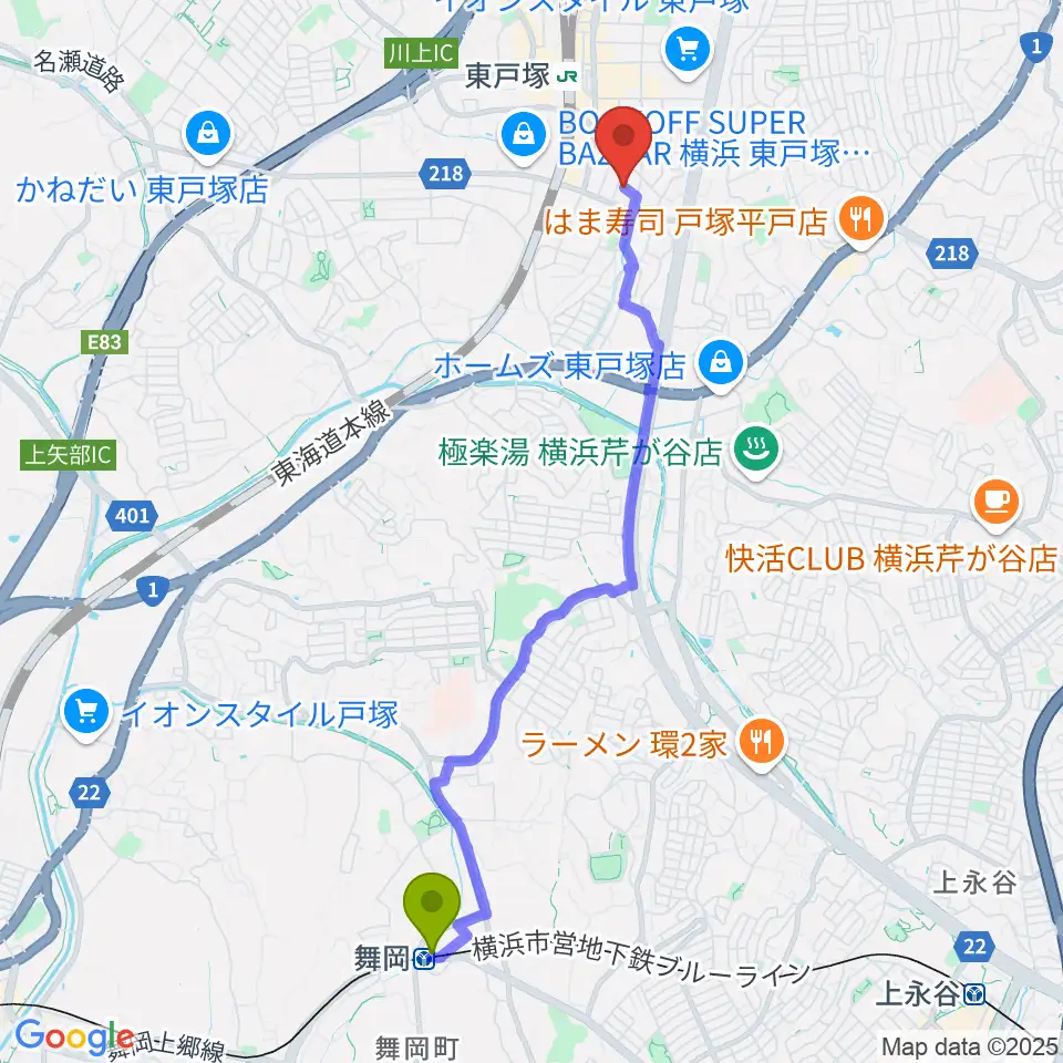 舞岡駅から西本ギター教室へのルートマップ地図