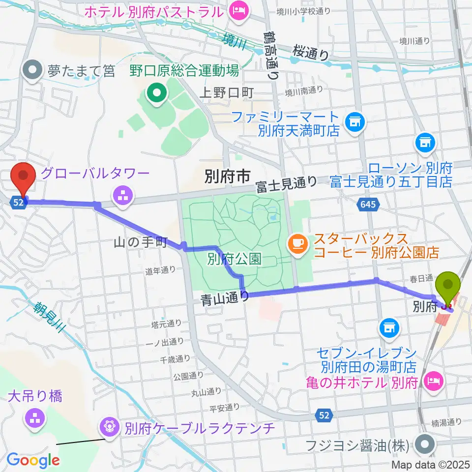 サンシティー音楽院の最寄駅別府駅からの徒歩ルート（約30分）地図