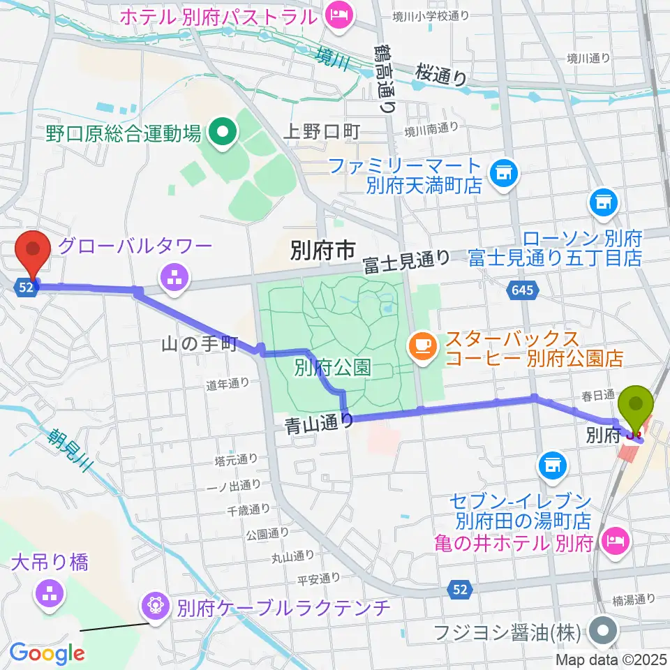 サンシティー音楽院の最寄駅別府駅からの徒歩ルート（約30分）地図