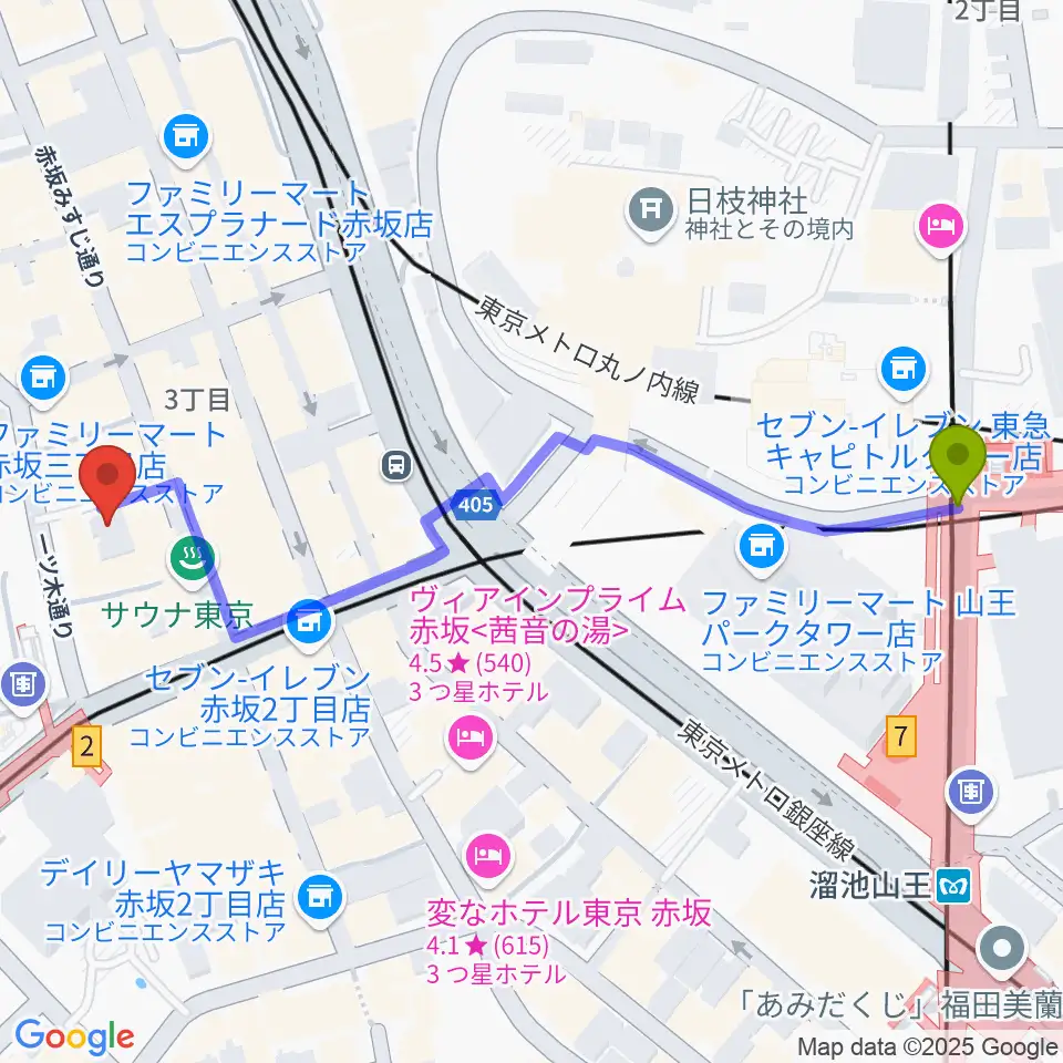 溜池山王駅から卑弥呼へのルートマップ地図