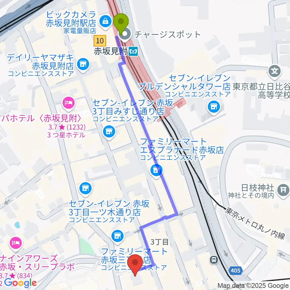 赤坂見附駅から卑弥呼へのルートマップ地図