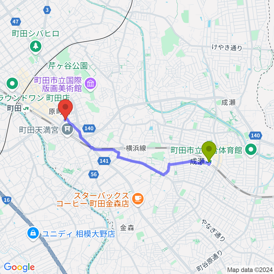 成瀬駅から町田アイビーへのルートマップ地図