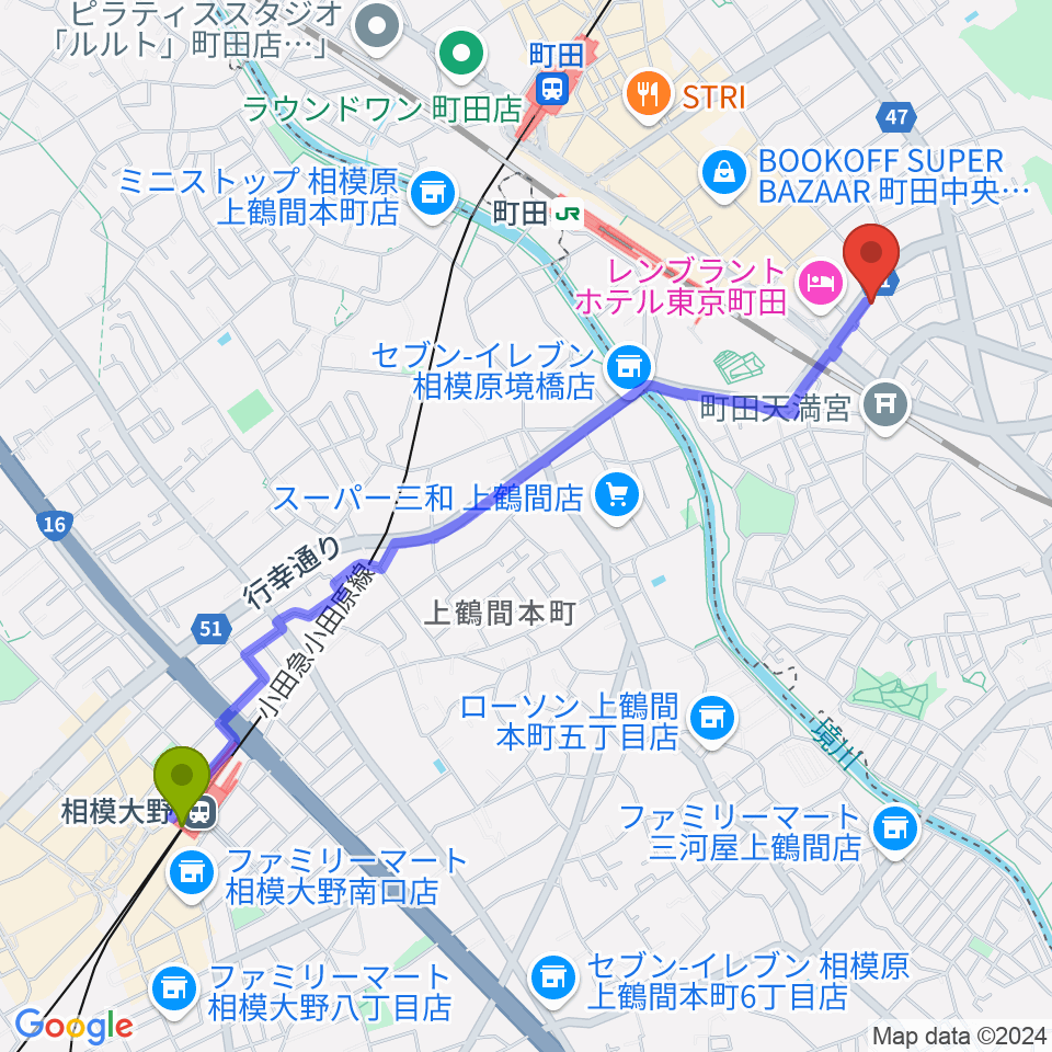 相模大野駅から町田アイビーへのルートマップ地図