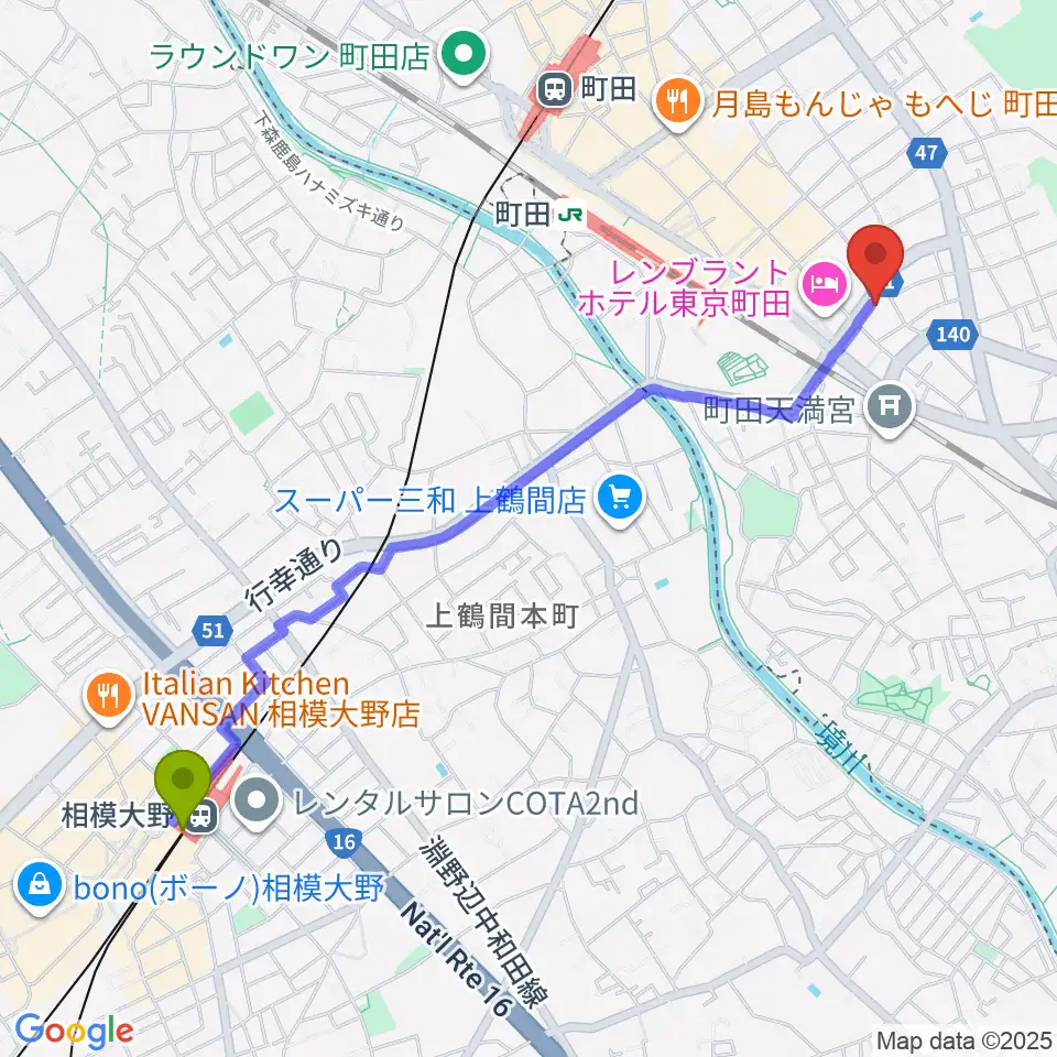 相模大野駅から町田アイビーへのルートマップ地図