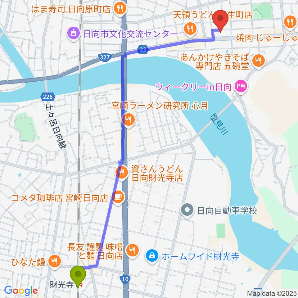 財光寺駅から上ノ山クラシックギター教室へのルートマップ地図