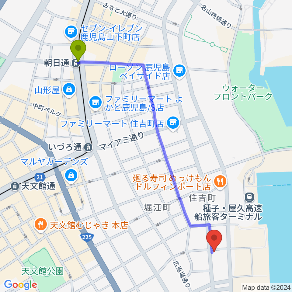 朝日通駅からSitieraホールへのルートマップ地図