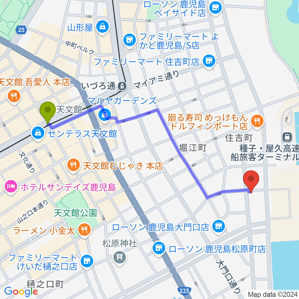 天文館通駅からSitieraホールへのルートマップ地図