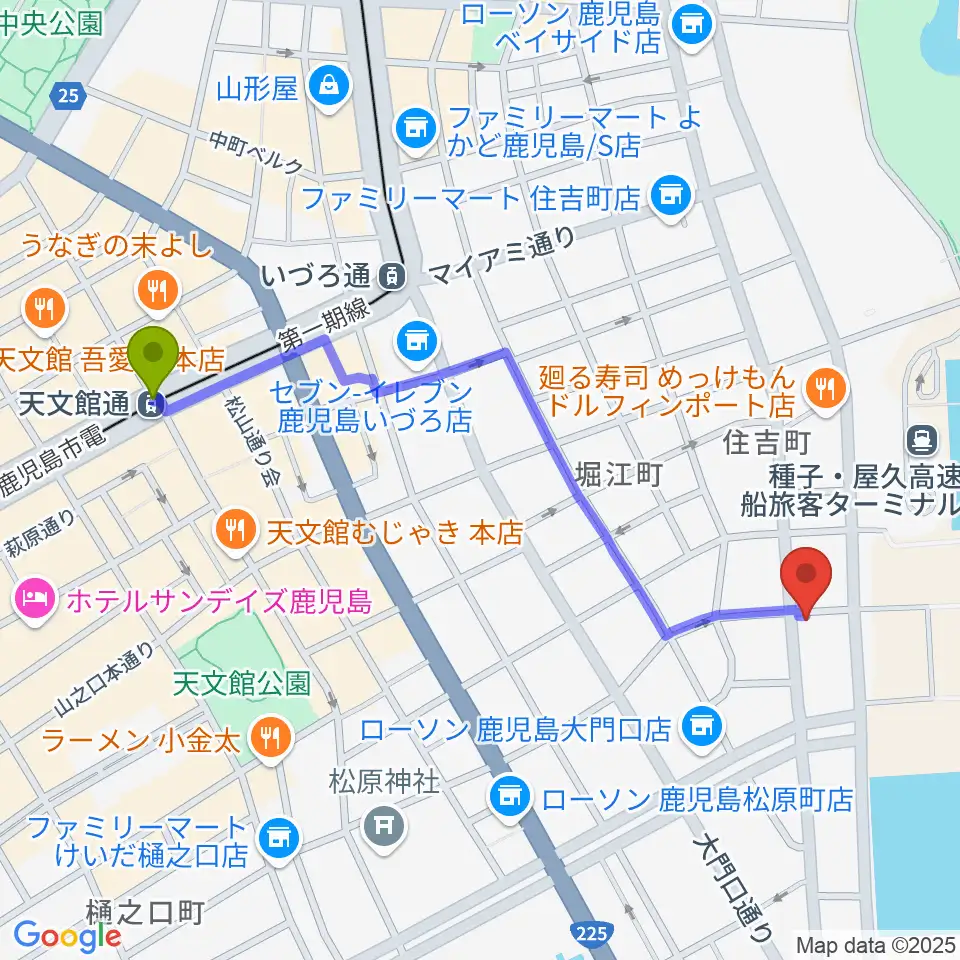 天文館通駅からSitieraホールへのルートマップ地図