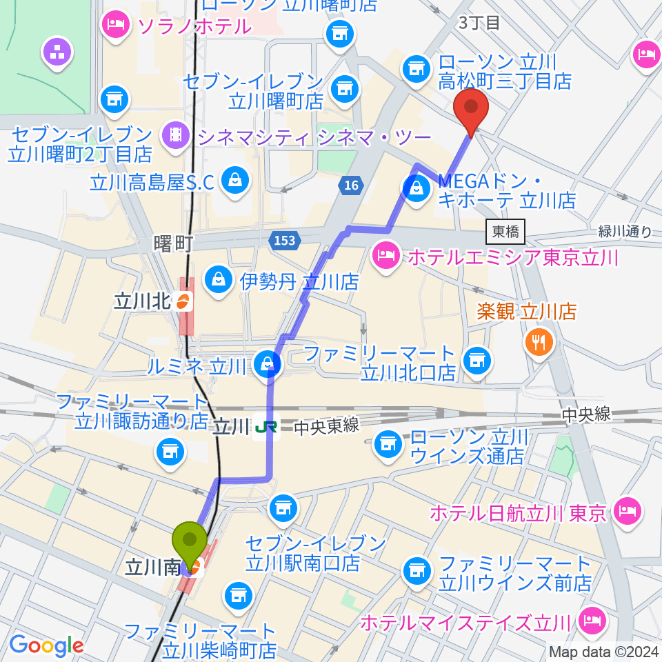 立川南駅から立川バー・ペンタトニックへのルートマップ地図