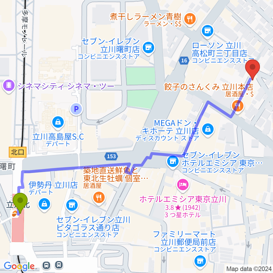 立川バー・ペンタトニックの最寄駅立川北駅からの徒歩ルート（約8分）地図