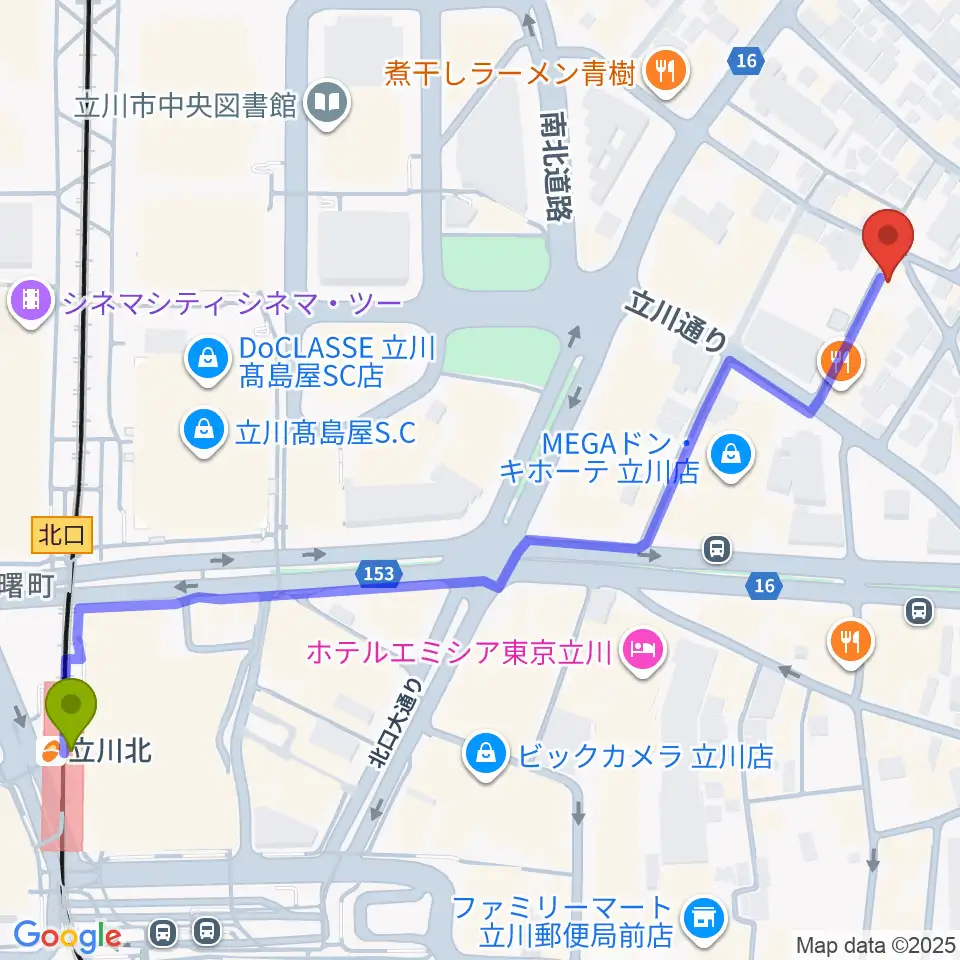 立川バー・ペンタトニックの最寄駅立川北駅からの徒歩ルート（約8分）地図