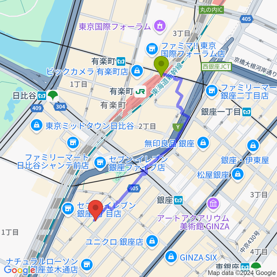 有楽町駅から伽藍バーへのルートマップ地図