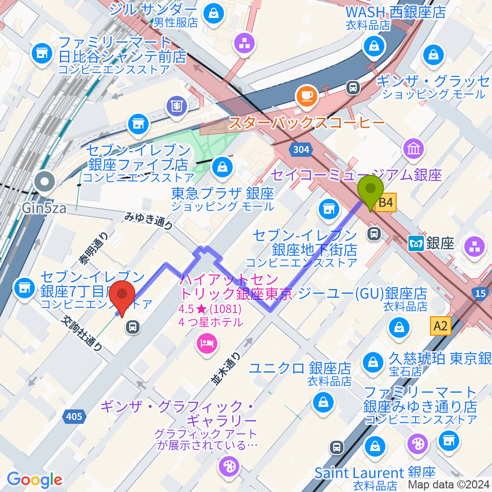 伽藍バーの最寄駅銀座駅からの徒歩ルート（約4分）地図