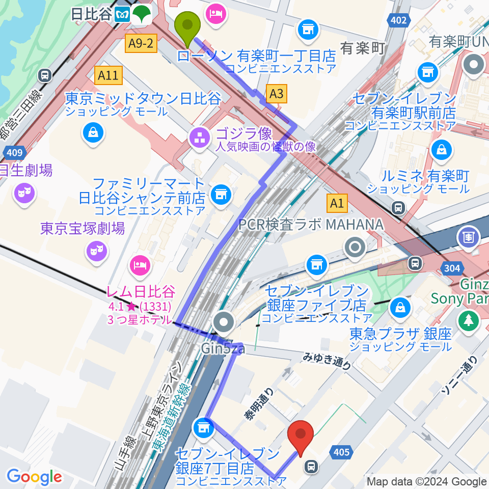 日比谷駅から伽藍バーへのルートマップ地図