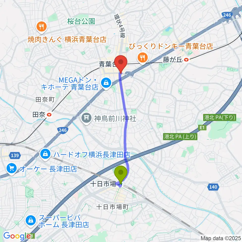 十日市場駅から井桁ギター教室へのルートマップ地図