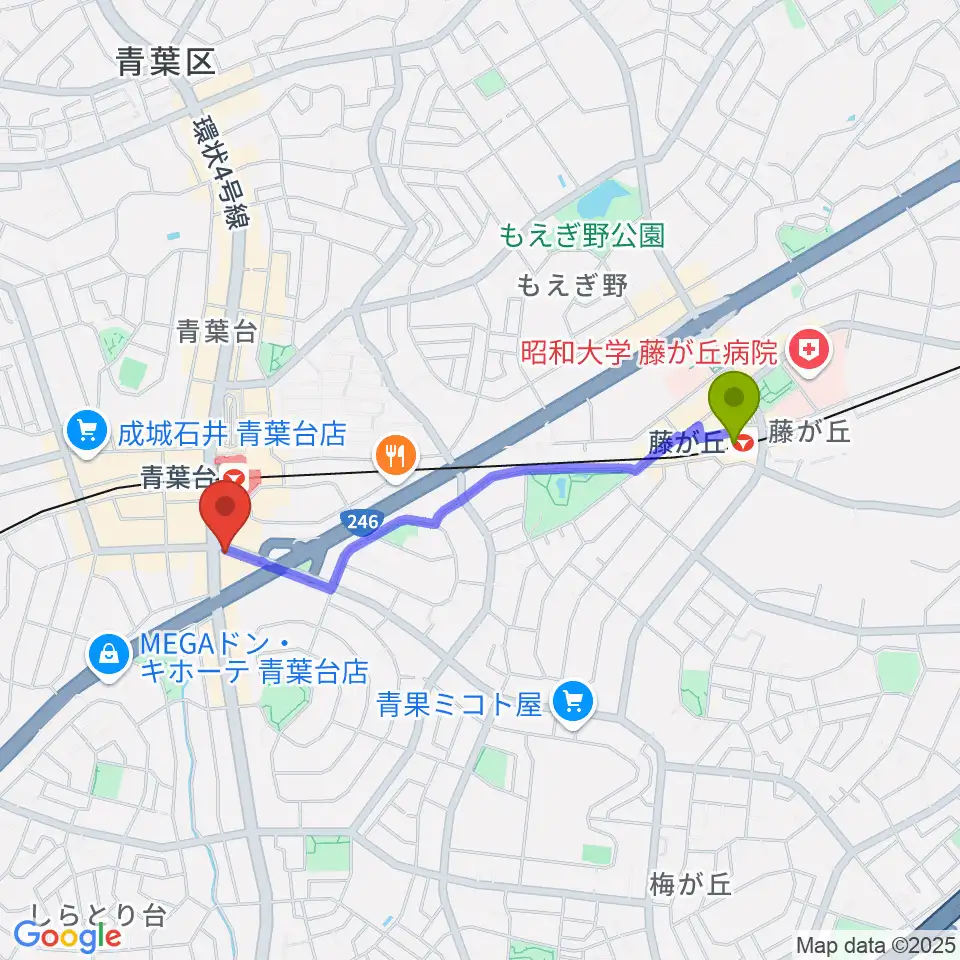 藤が丘駅から井桁ギター教室へのルートマップ地図