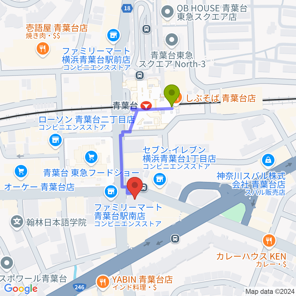 井桁ギター教室の最寄駅青葉台駅からの徒歩ルート（約3分）地図