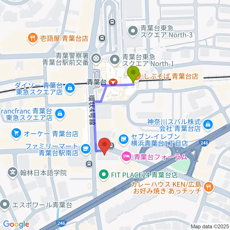 井桁ギター教室の最寄駅青葉台駅からの徒歩ルート（約3分）地図