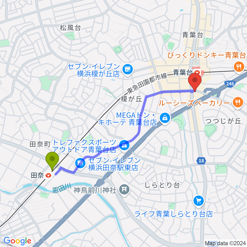 田奈駅から井桁ギター教室へのルートマップ地図