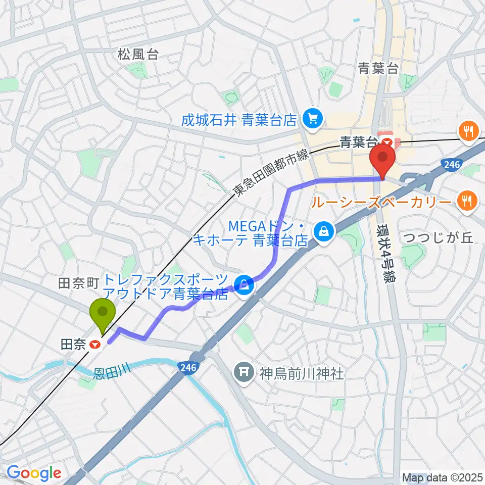 田奈駅から井桁ギター教室へのルートマップ地図