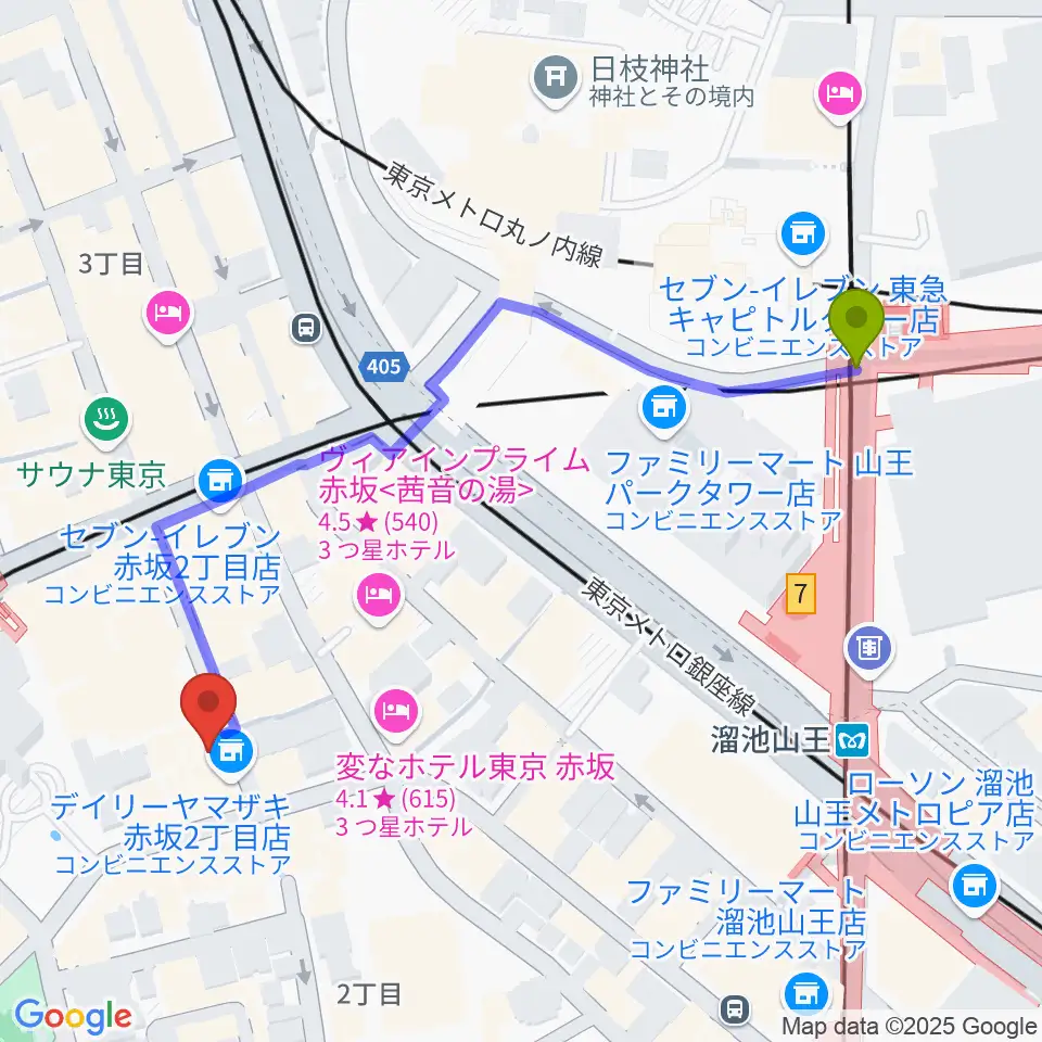 溜池山王駅から赤坂カーペディアムへのルートマップ地図