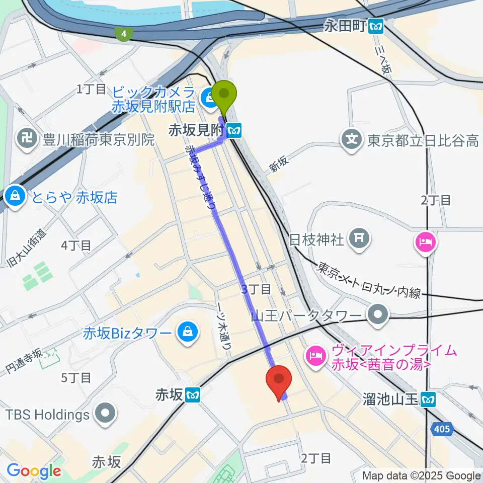 赤坂見附駅から赤坂カーペディアムへのルートマップ地図