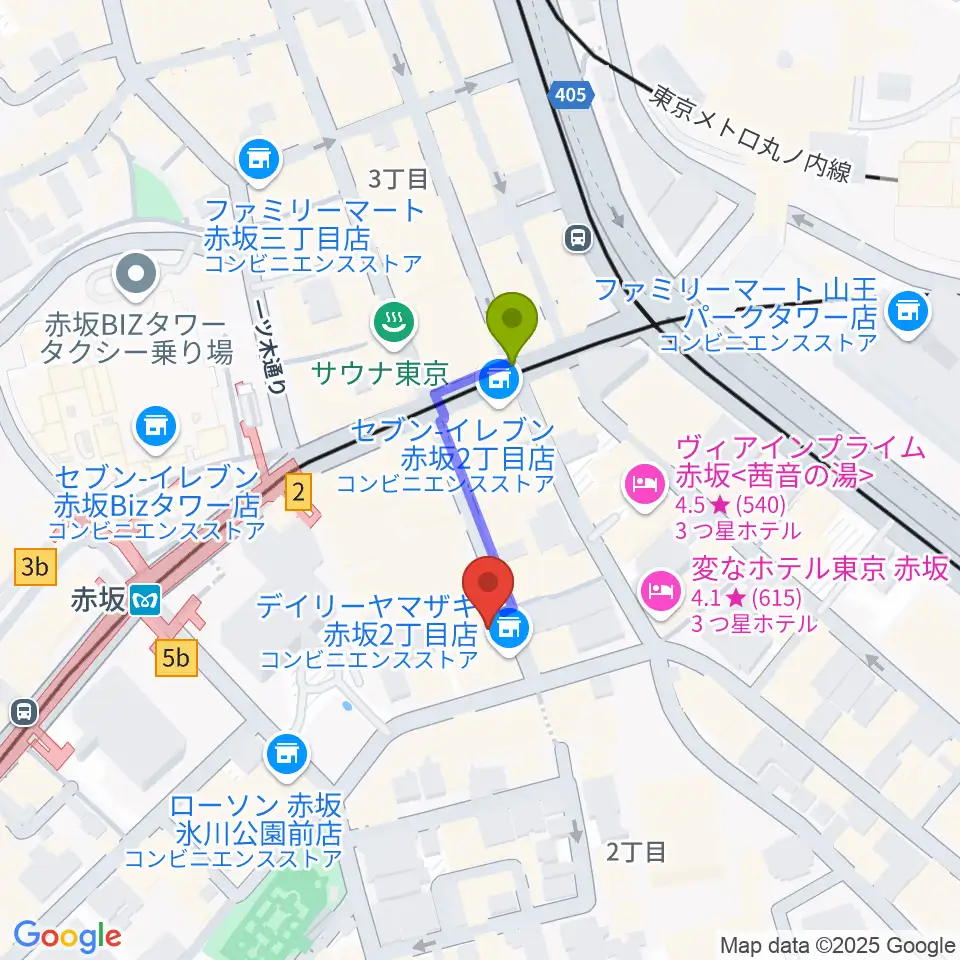 赤坂カーペディアムの最寄駅赤坂駅からの徒歩ルート（約2分）地図