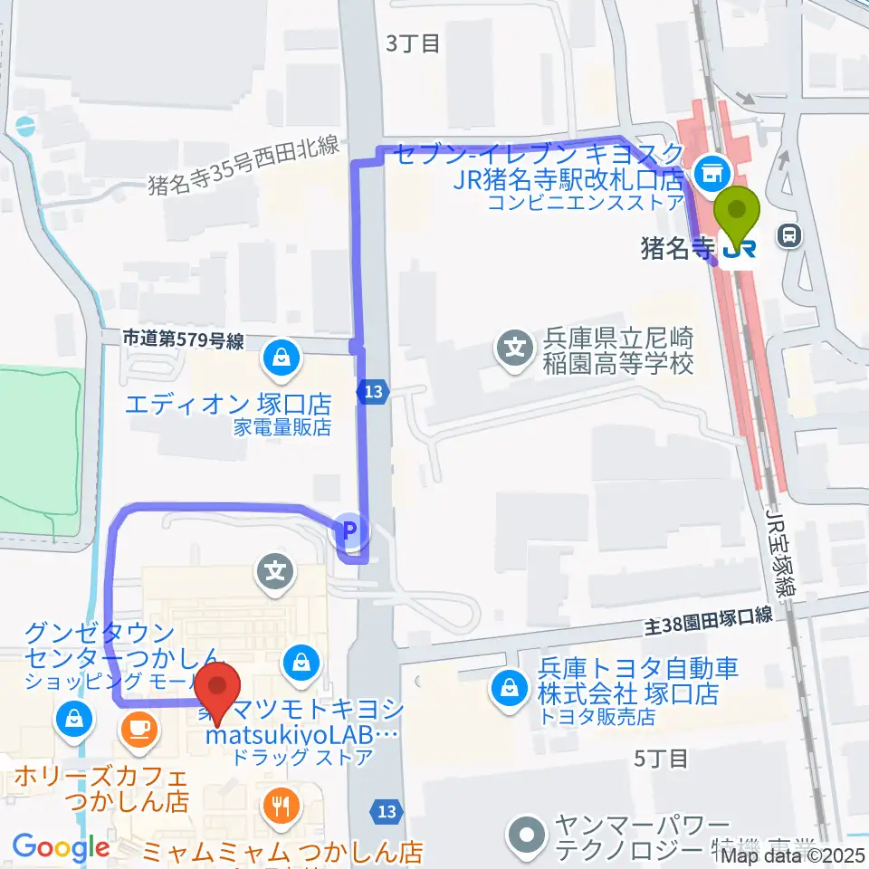 つかしんカルチャーセンターの最寄駅猪名寺駅からの徒歩ルート（約6分）地図