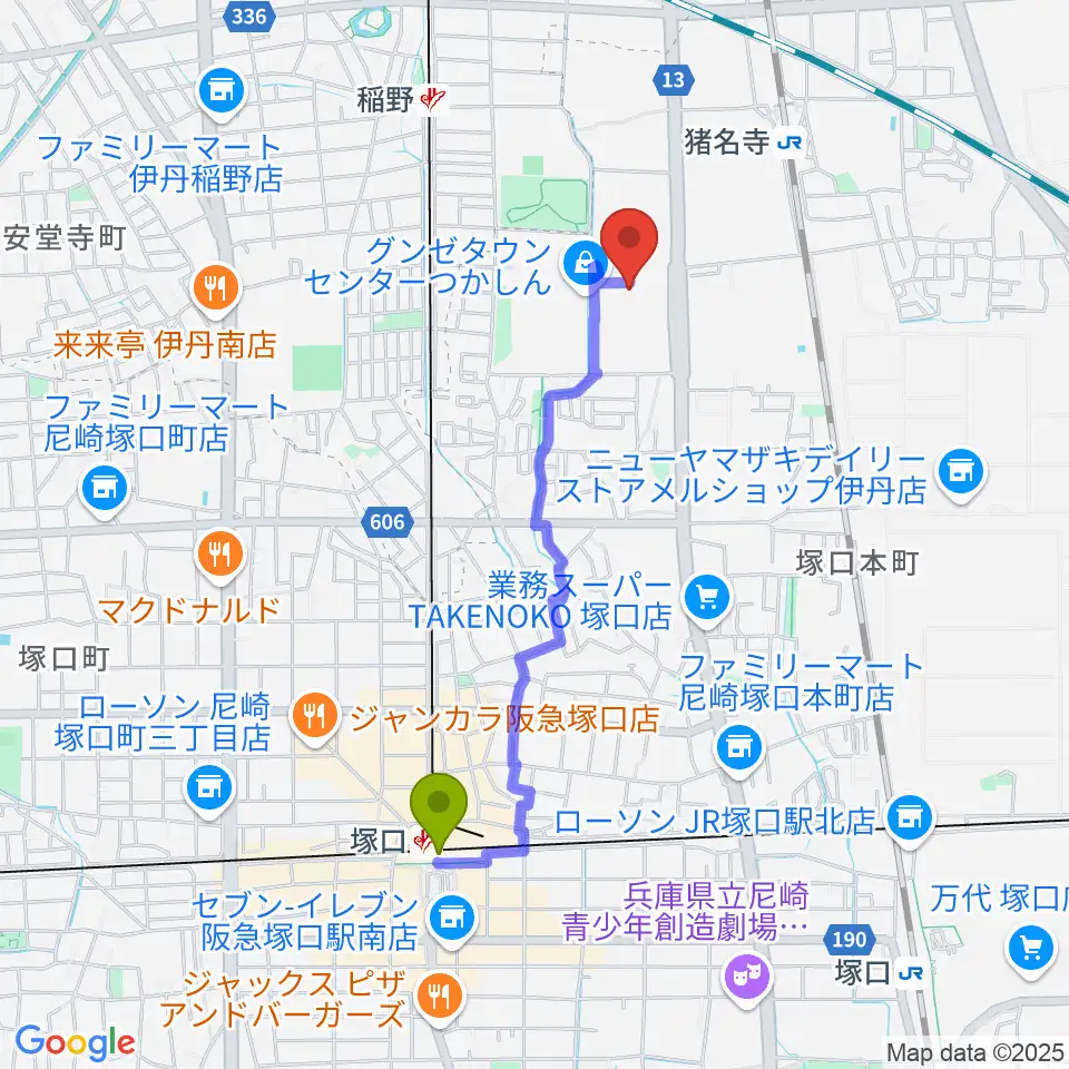 塚口駅からつかしんカルチャーセンターへのルートマップ地図