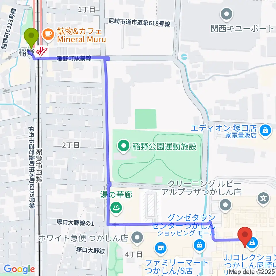 稲野駅からつかしんカルチャーセンターへのルートマップ地図