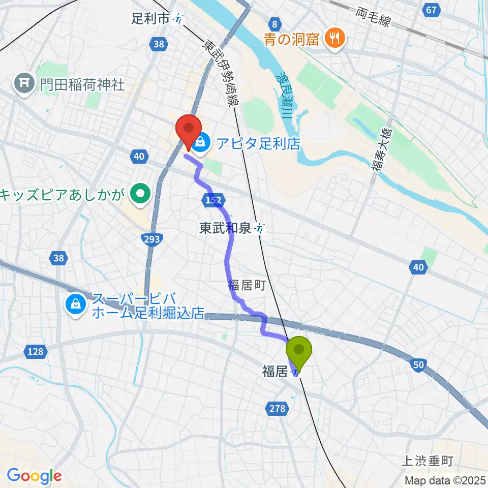 福居駅から足利カルチャーセンターへのルートマップ地図
