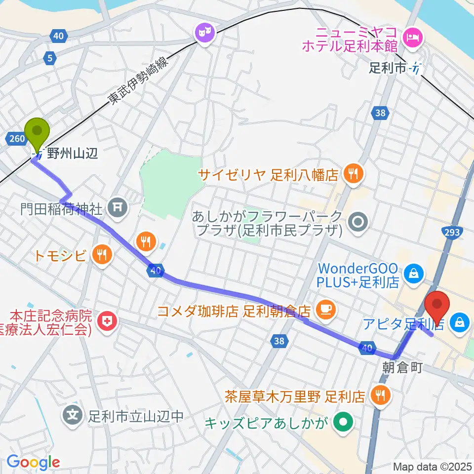 野州山辺駅から足利カルチャーセンターへのルートマップ地図