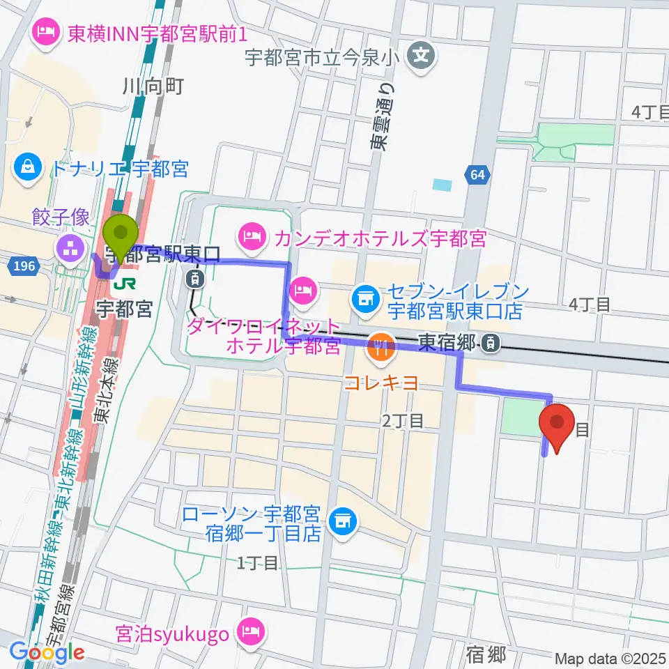 宇都宮駅からアコースティックスタジオへのルートマップ地図