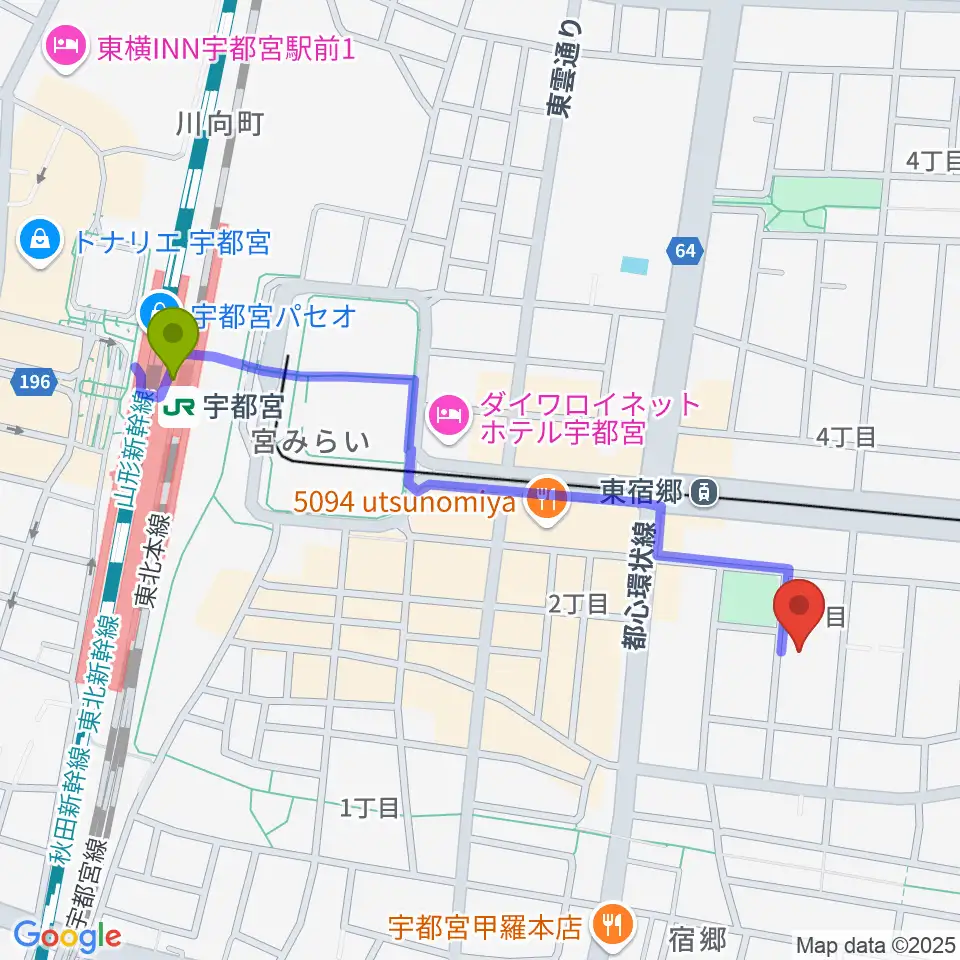 宇都宮駅からアコースティックスタジオへのルートマップ地図
